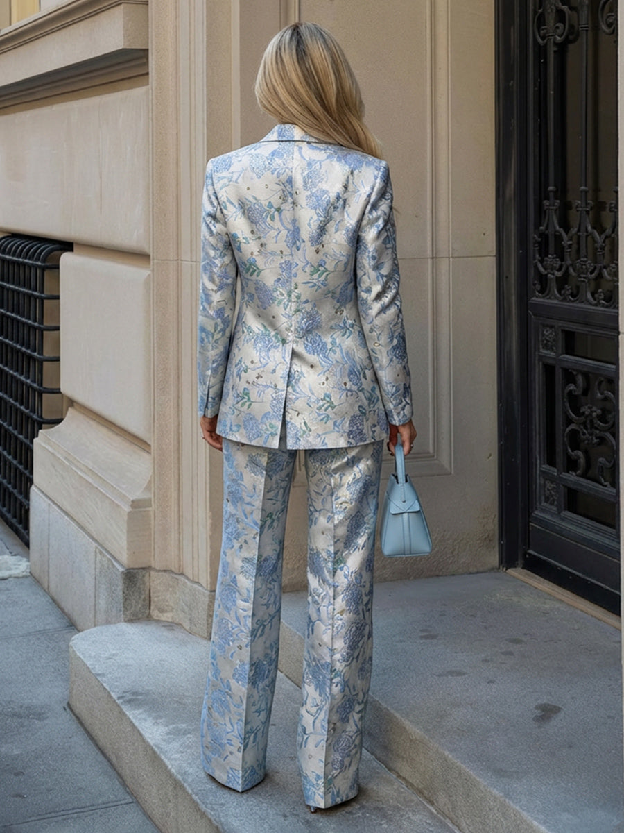 Two-Piece Floral Jacquard Mother of the Bride & Groom Pant Suit with Long Sleeve Tailored Blazer & High Waist Wide-Leg Trousers
