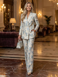 Two-Piece Floral Jacquard Mother of the Bride & Groom Pant Suit with Long Sleeve Tailored Blazer & High Waist Wide-Leg Trousers
