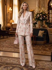 Two-Piece Floral Jacquard Mother of the Bride & Groom Pant Suit with Long Sleeve Tailored Blazer & High Waist Wide-Leg Trousers