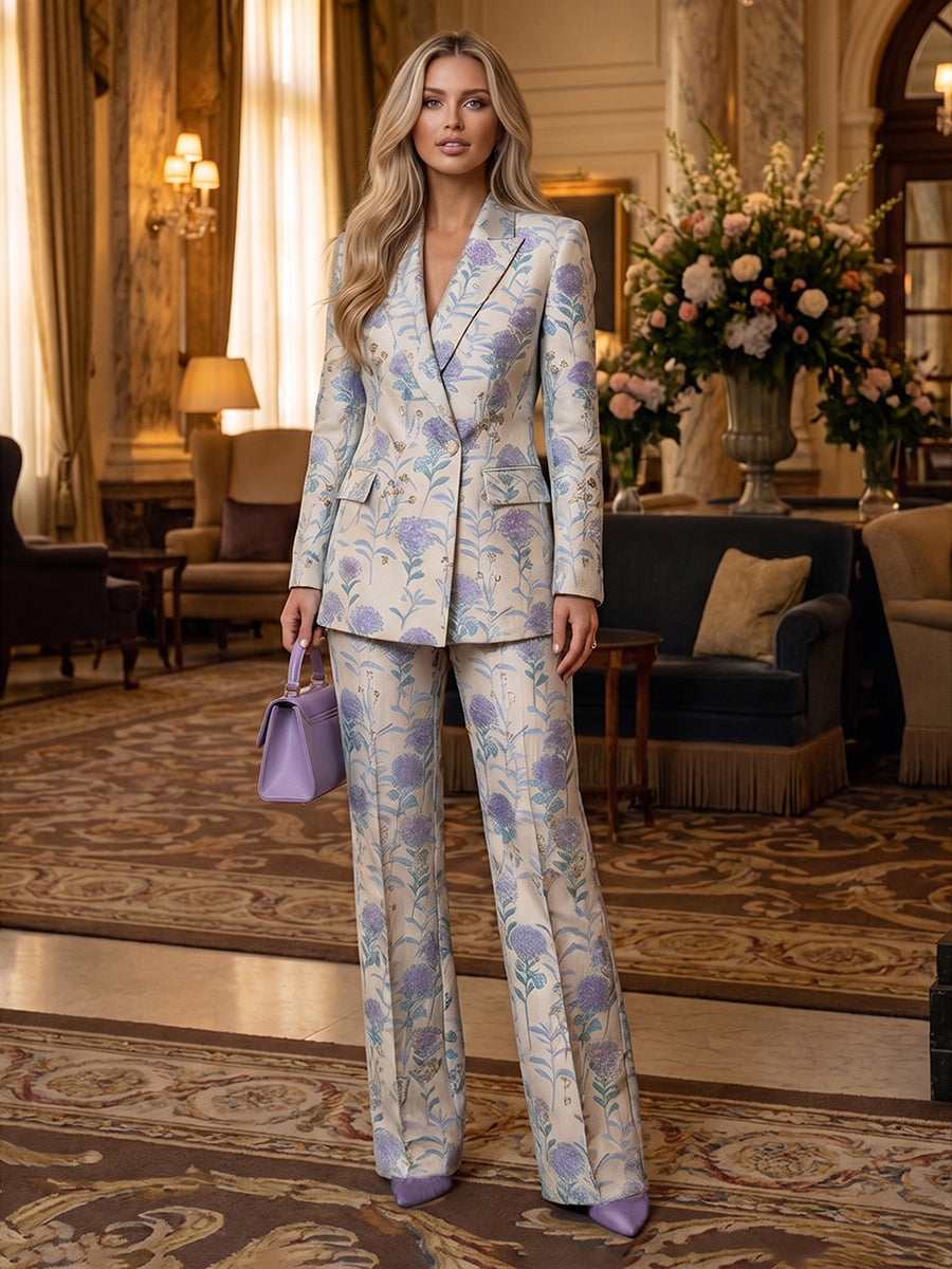 Two-Piece Floral Jacquard Mother of the Bride & Groom Pant Suit with Long Sleeve Tailored Blazer & High Waist Wide-Leg Trousers