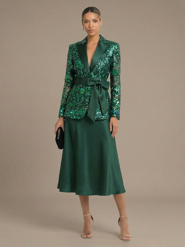 Two-Piece Mother of the Bride & Groom Dresses Suit with Long Sleeves Floral Sequin Lace Jacket & A-Line Midi-Length Satin Dress