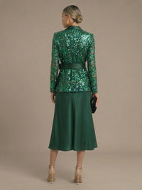 Two-Piece Mother of the Bride & Groom Dresses Suit with Long Sleeves Floral Sequin Lace Jacket & A-Line Midi-Length Satin Dress