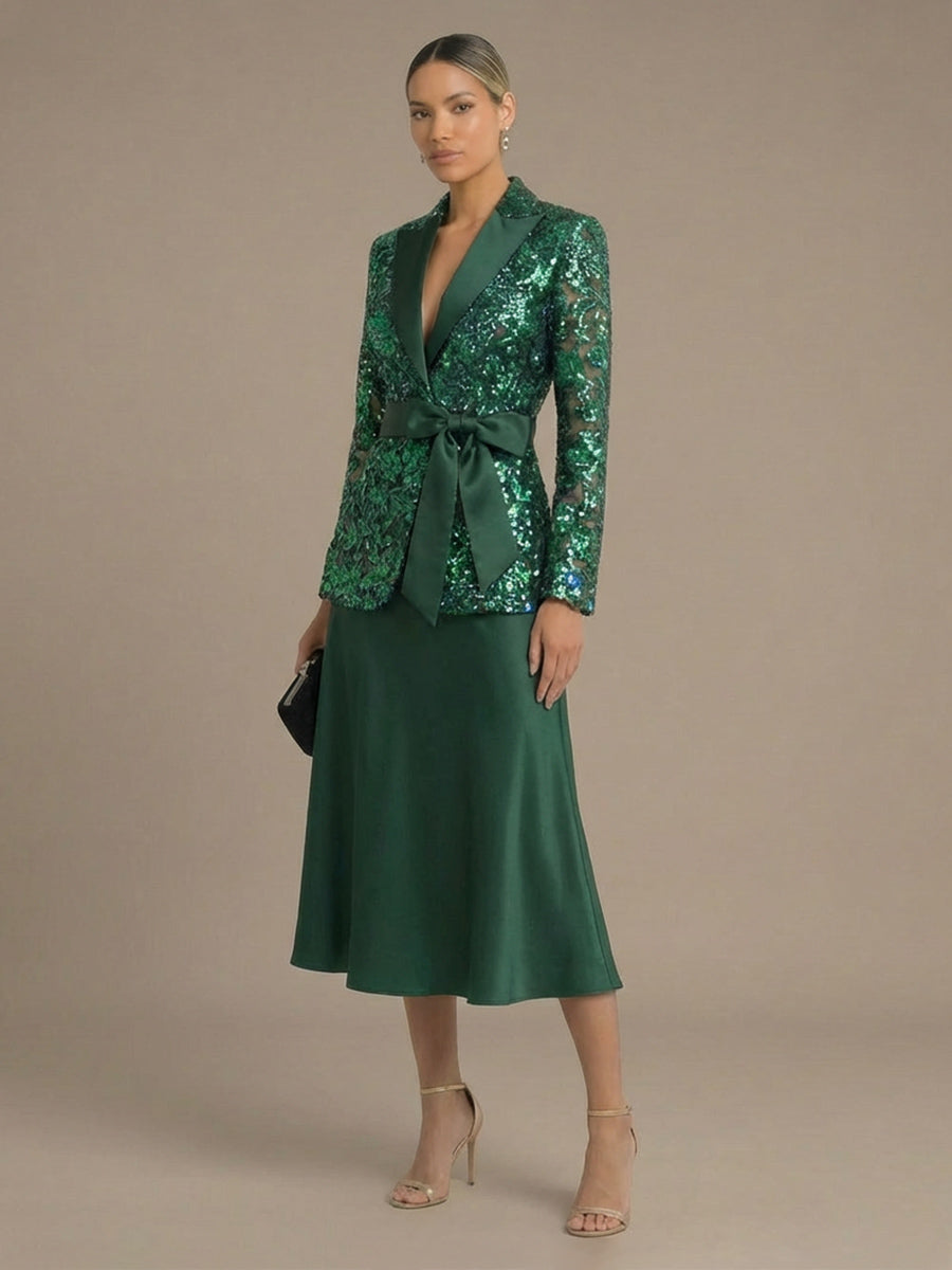 Two-Piece Mother of the Bride & Groom Dresses Suit with Long Sleeves Floral Sequin Lace Jacket & A-Line Midi-Length Satin Dress