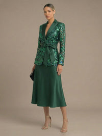 Two-Piece Mother of the Bride & Groom Dresses Suit with Long Sleeves Floral Sequin Lace Jacket & A-Line Midi-Length Satin Dress
