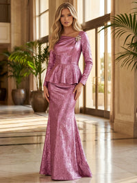 Two-Piece Metallic Satin Floor-Length Mother of the Bride & Groom Dresses Suit with Long Sleeves & Asymmetric Neck