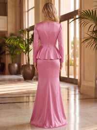 Two-Piece Metallic Satin Floor-Length Mother of the Bride & Groom Dresses Suit with Long Sleeves & Asymmetric Neck