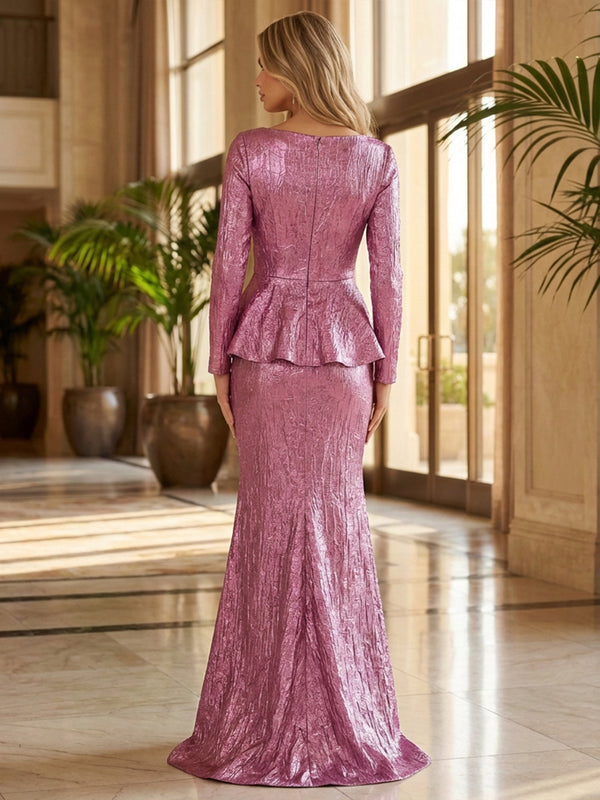 Two-Piece Metallic Satin Floor-Length Mother of the Bride & Groom Dresses Suit with Long Sleeves & Asymmetric Neck