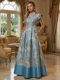A-Line Floral Jacquard Floor-Length Mother of the Bride & Groom Dresses with V-Neck, Cap Sleeves
