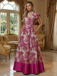A-Line Floral Jacquard Floor-Length Mother of the Bride & Groom Dresses with V-Neck, Cap Sleeves