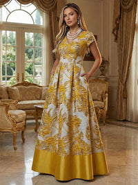 A-Line Floral Jacquard Floor-Length Mother of the Bride & Groom Dresses with V-Neck, Cap Sleeves