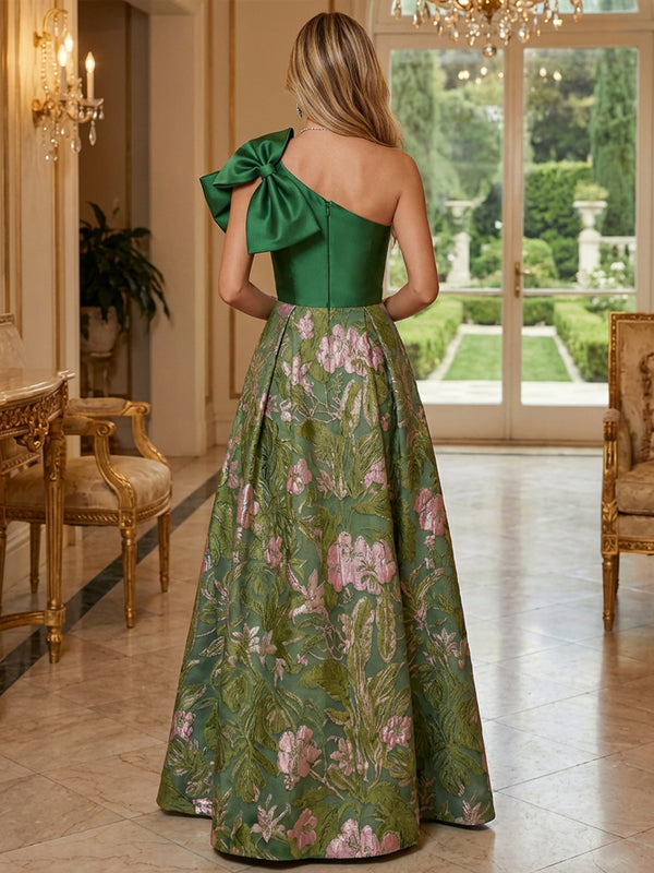 Floral Jacquard One Shoulder A-Line Mother of the Bride & Groom Dresses Floor-Length Evening Gowns with Bow & Pockets