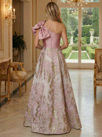 Floral Jacquard One Shoulder A-Line Mother of the Bride & Groom Dresses Floor-Length Evening Gowns with Bow & Pockets