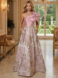 Floral Jacquard One Shoulder A-Line Mother of the Bride & Groom Dresses Floor-Length Evening Gowns with Bow & Pockets