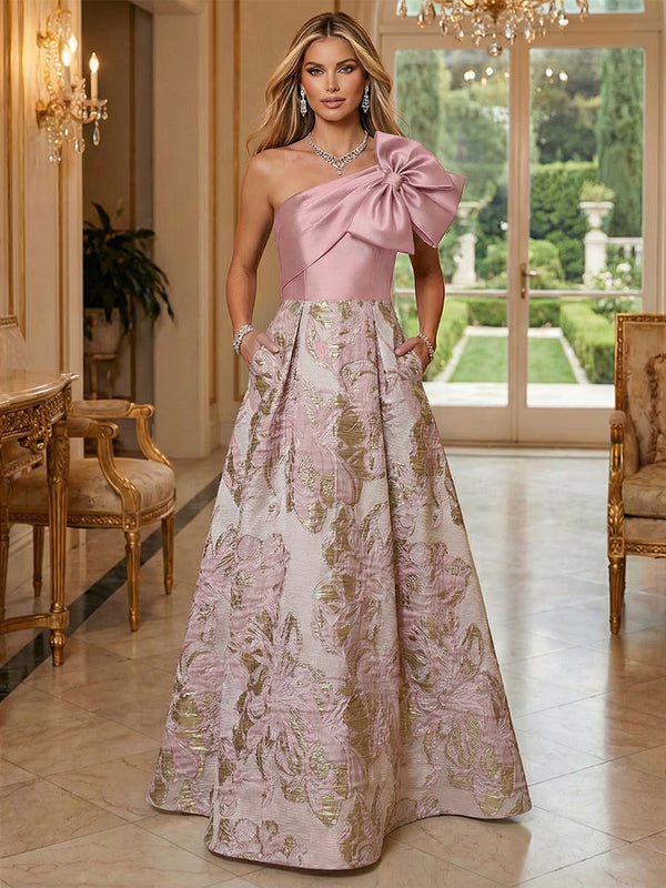 Floral Jacquard One Shoulder A-Line Mother of the Bride & Groom Dresses Floor-Length Evening Gowns with Bow & Pockets