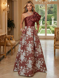Floral Jacquard One Shoulder A-Line Mother of the Bride & Groom Dresses Floor-Length Evening Gowns with Bow & Pockets