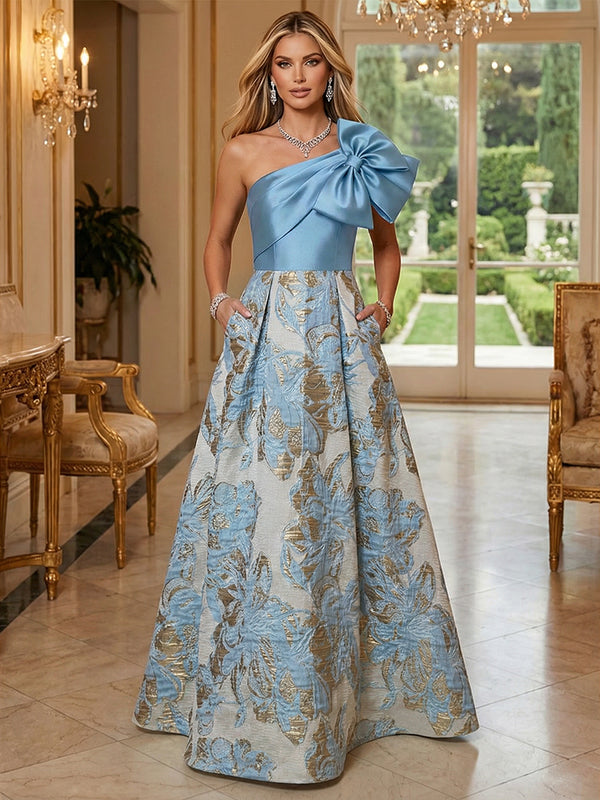 Floral Jacquard One Shoulder A-Line Mother of the Bride & Groom Dresses Floor-Length Evening Gowns with Bow & Pockets