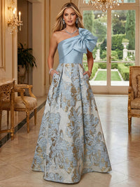 Floral Jacquard One Shoulder A-Line Mother of the Bride & Groom Dresses Floor-Length Evening Gowns with Bow & Pockets