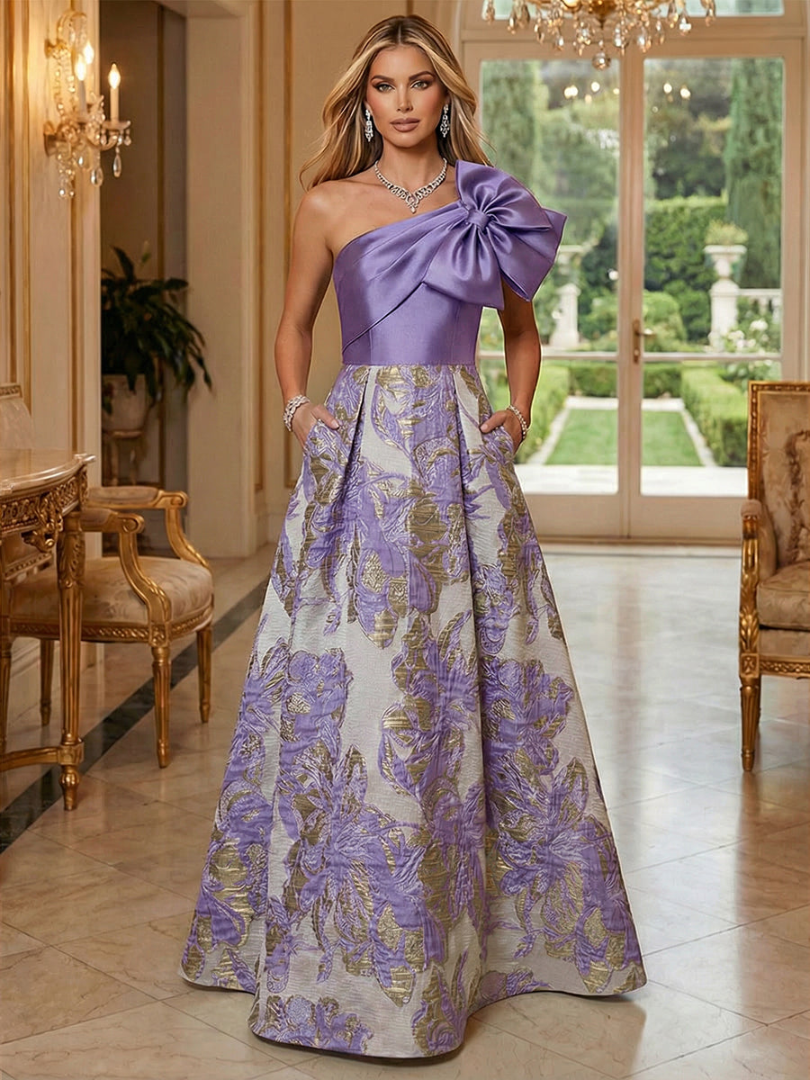 Floral Jacquard One Shoulder A-Line Mother of the Bride & Groom Dresses Floor-Length Evening Gowns with Bow & Pockets