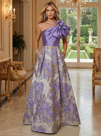 Floral Jacquard One Shoulder A-Line Mother of the Bride & Groom Dresses Floor-Length Evening Gowns with Bow & Pockets
