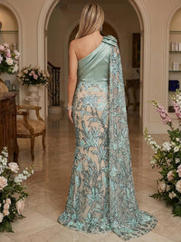 Mermaid Asymmetric Cape Sleeve Evening Dresses Floral Sequin Party Gowns with Ruched Satin Bodice & Bow