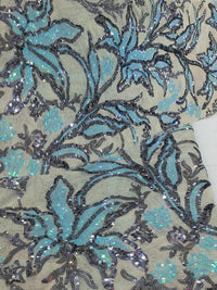 Mermaid Asymmetric Cape Sleeve Evening Dresses Floral Sequin Party Gowns with Ruched Satin Bodice & Bow