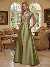 A-Line Satin Floor-Length Mother of the Bride & Groom Dresses V-Neck Evening Gowns with Floral Jacquard Bodice & Slit