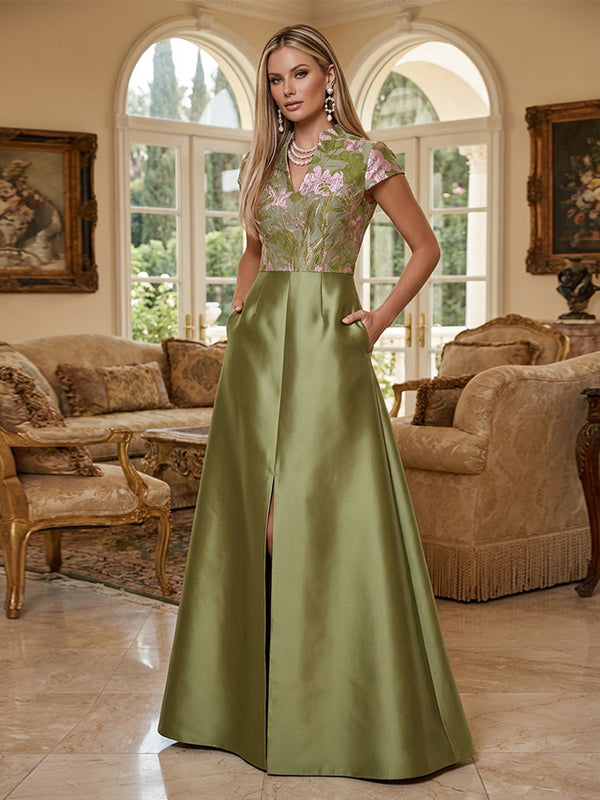 A-Line Satin Floor-Length Mother of the Bride & Groom Dresses V-Neck Evening Gowns with Floral Jacquard Bodice & Slit