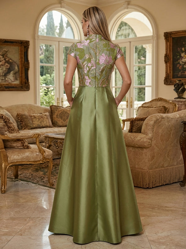 A-Line Satin Floor-Length Mother of the Bride & Groom Dresses V-Neck Evening Gowns with Floral Jacquard Bodice & Slit