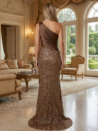 Sheath/Column One Shoulder Floral Sequin Evening Gowns  Ruched Satin Bodice
