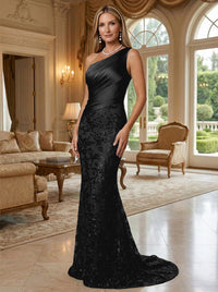 Sheath/Column One Shoulder Floral Sequin Evening Gowns  Ruched Satin Bodice