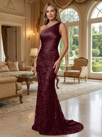 Sheath/Column One Shoulder Floral Sequin Evening Gowns  Ruched Satin Bodice