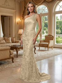 Sheath/Column One Shoulder Floral Sequin Evening Gowns  Ruched Satin Bodice