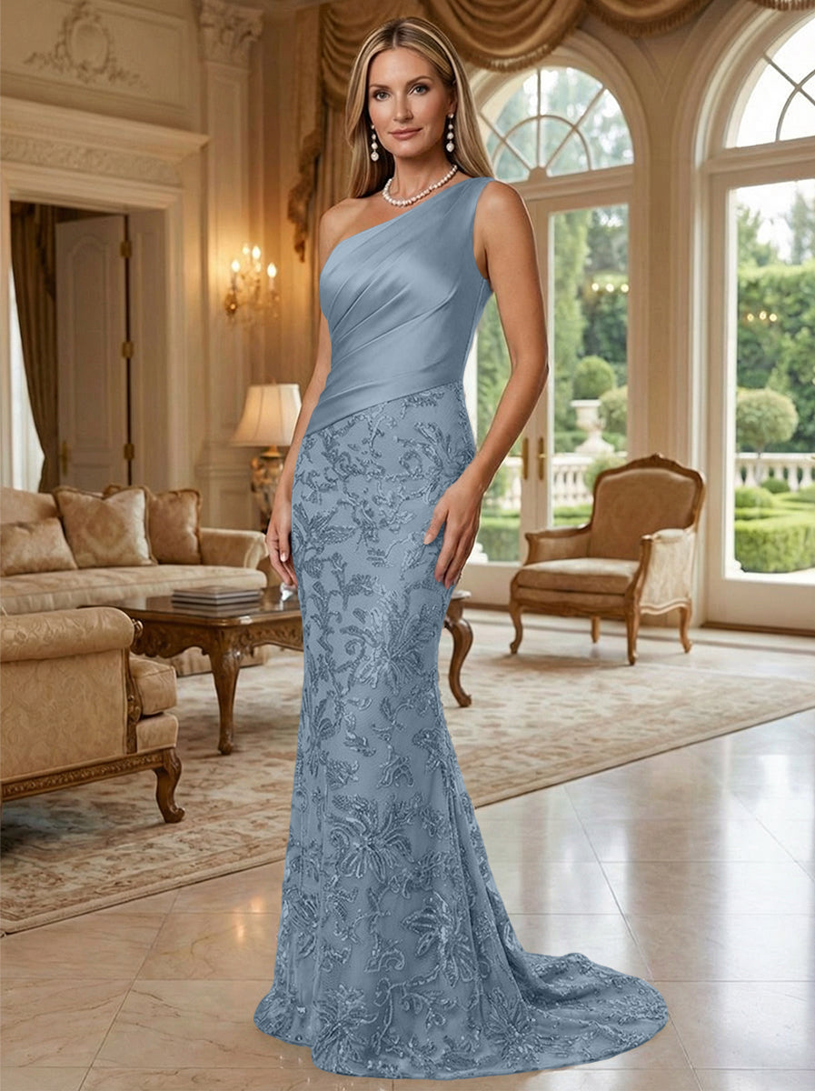 Sheath/Column One Shoulder Floral Sequin Evening Gowns  Ruched Satin Bodice