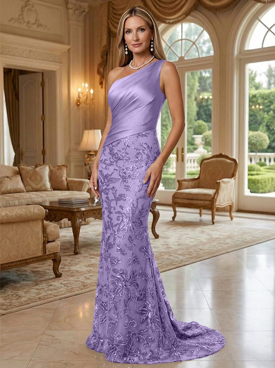 Sheath/Column One Shoulder Floral Sequin Evening Gowns  Ruched Satin Bodice