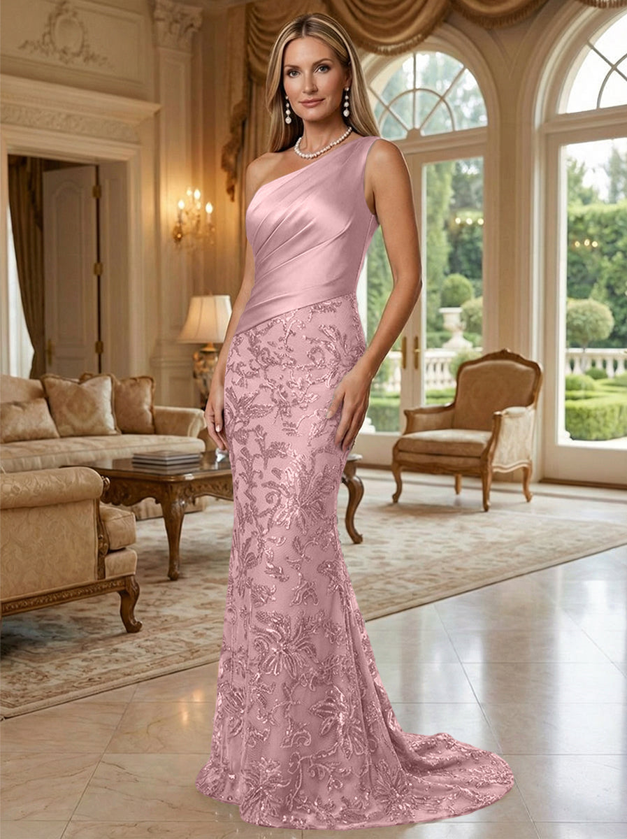 Sheath/Column One Shoulder Floral Sequin Evening Gowns  Ruched Satin Bodice