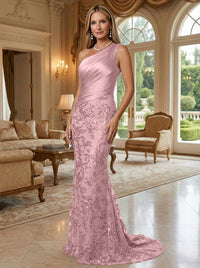 Sheath/Column One Shoulder Floral Sequin Evening Gowns  Ruched Satin Bodice