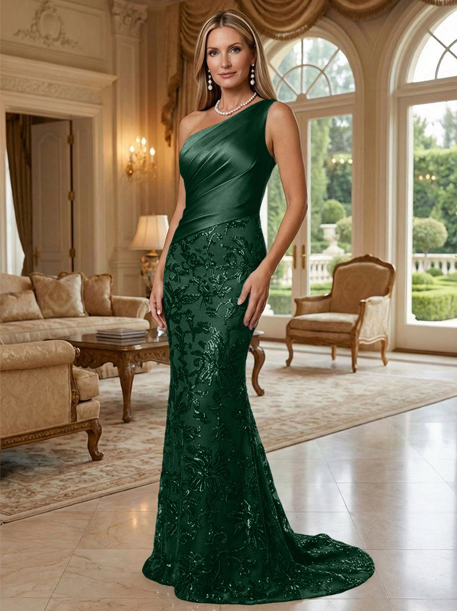 Sheath/Column One Shoulder Floral Sequin Evening Gowns  Ruched Satin Bodice