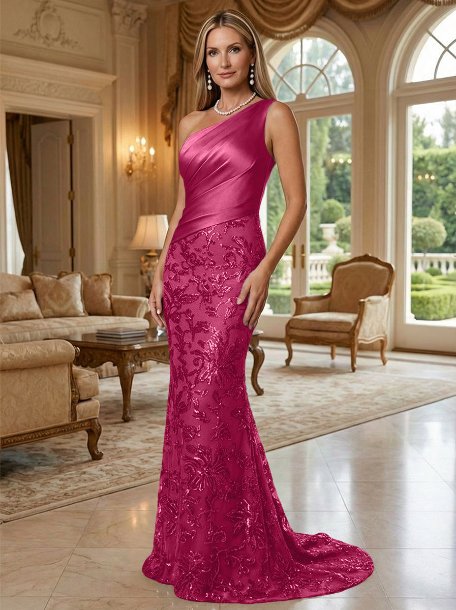 Sheath/Column One Shoulder Floral Sequin Evening Gowns  Ruched Satin Bodice