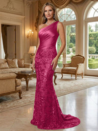 Sheath/Column One Shoulder Floral Sequin Evening Gowns  Ruched Satin Bodice