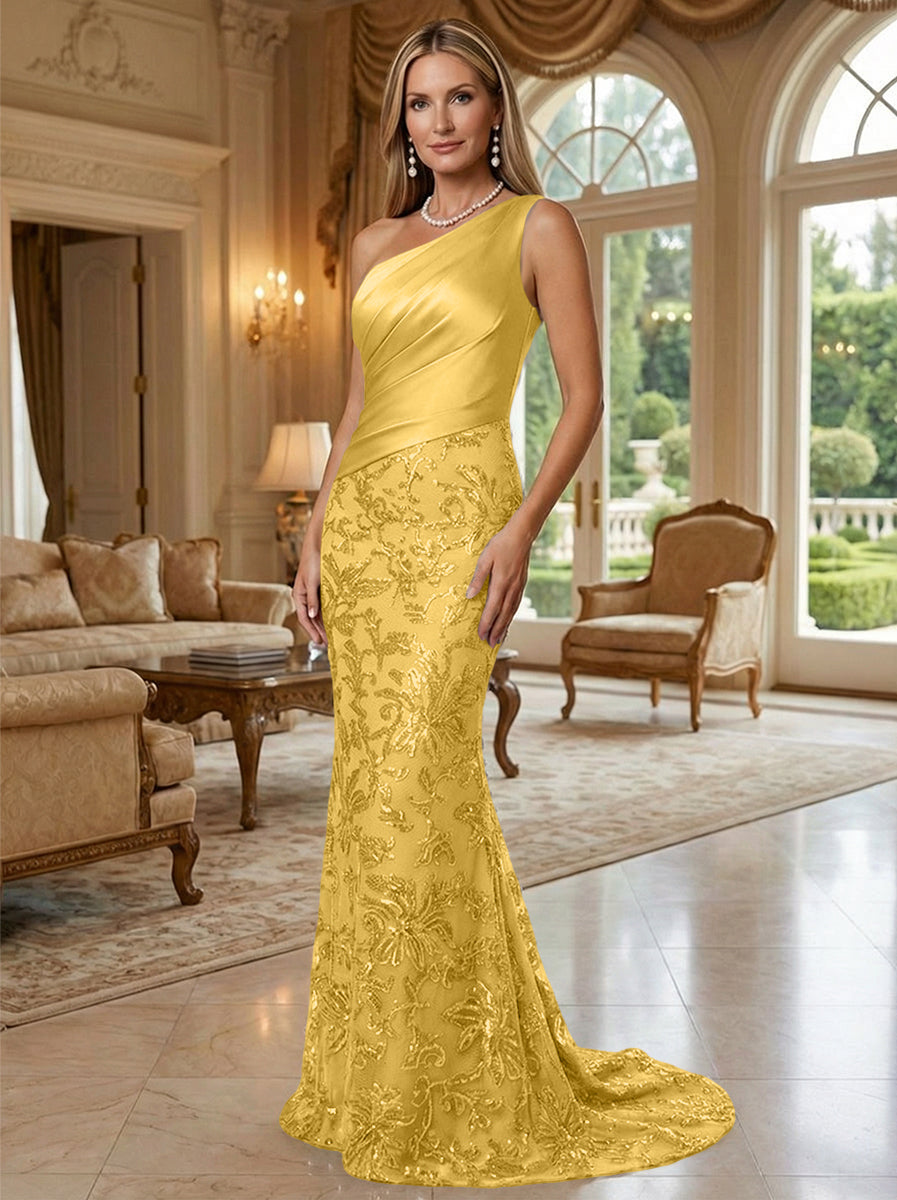 Sheath/Column One Shoulder Floral Sequin Evening Gowns  Ruched Satin Bodice