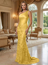 Sheath/Column One Shoulder Floral Sequin Evening Gowns  Ruched Satin Bodice
