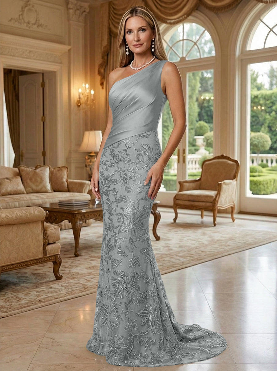 Sheath/Column One Shoulder Floral Sequin Evening Gowns  Ruched Satin Bodice