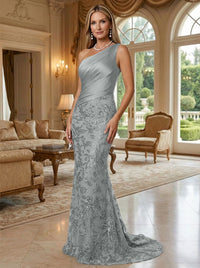 Sheath/Column One Shoulder Floral Sequin Evening Gowns  Ruched Satin Bodice