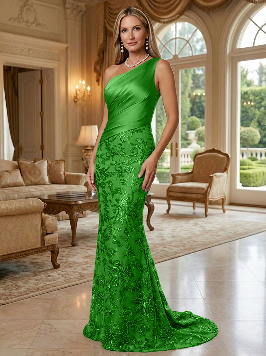 Sheath/Column One Shoulder Floral Sequin Evening Gowns  Ruched Satin Bodice