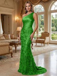 Sheath/Column One Shoulder Floral Sequin Evening Gowns  Ruched Satin Bodice