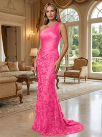 Sheath/Column One Shoulder Floral Sequin Evening Gowns  Ruched Satin Bodice