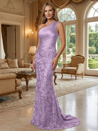 Sheath/Column One Shoulder Floral Sequin Evening Gowns  Ruched Satin Bodice