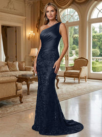 Sheath/Column One Shoulder Floral Sequin Evening Gowns  Ruched Satin Bodice