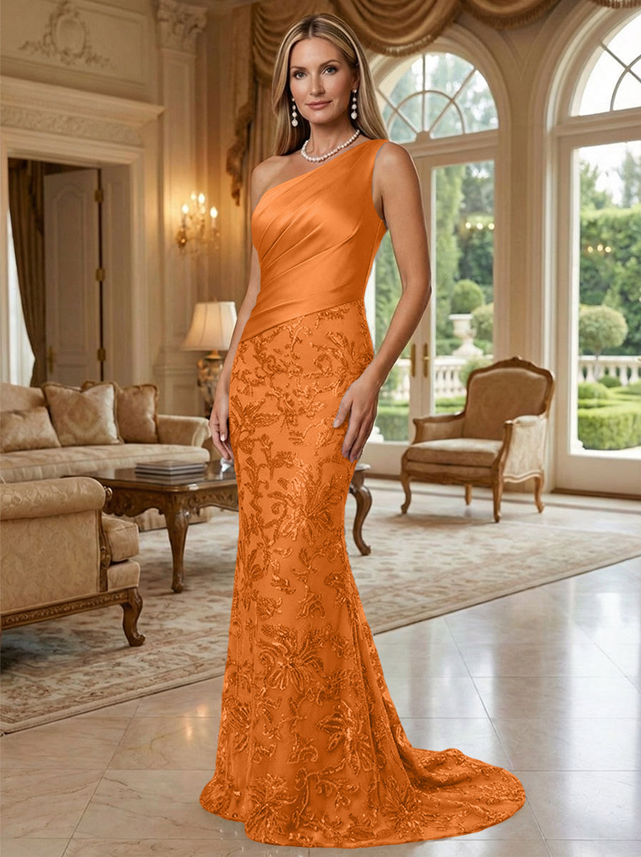 Sheath/Column One Shoulder Floral Sequin Evening Gowns  Ruched Satin Bodice