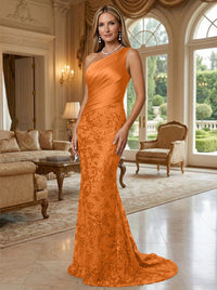 Sheath/Column One Shoulder Floral Sequin Evening Gowns  Ruched Satin Bodice